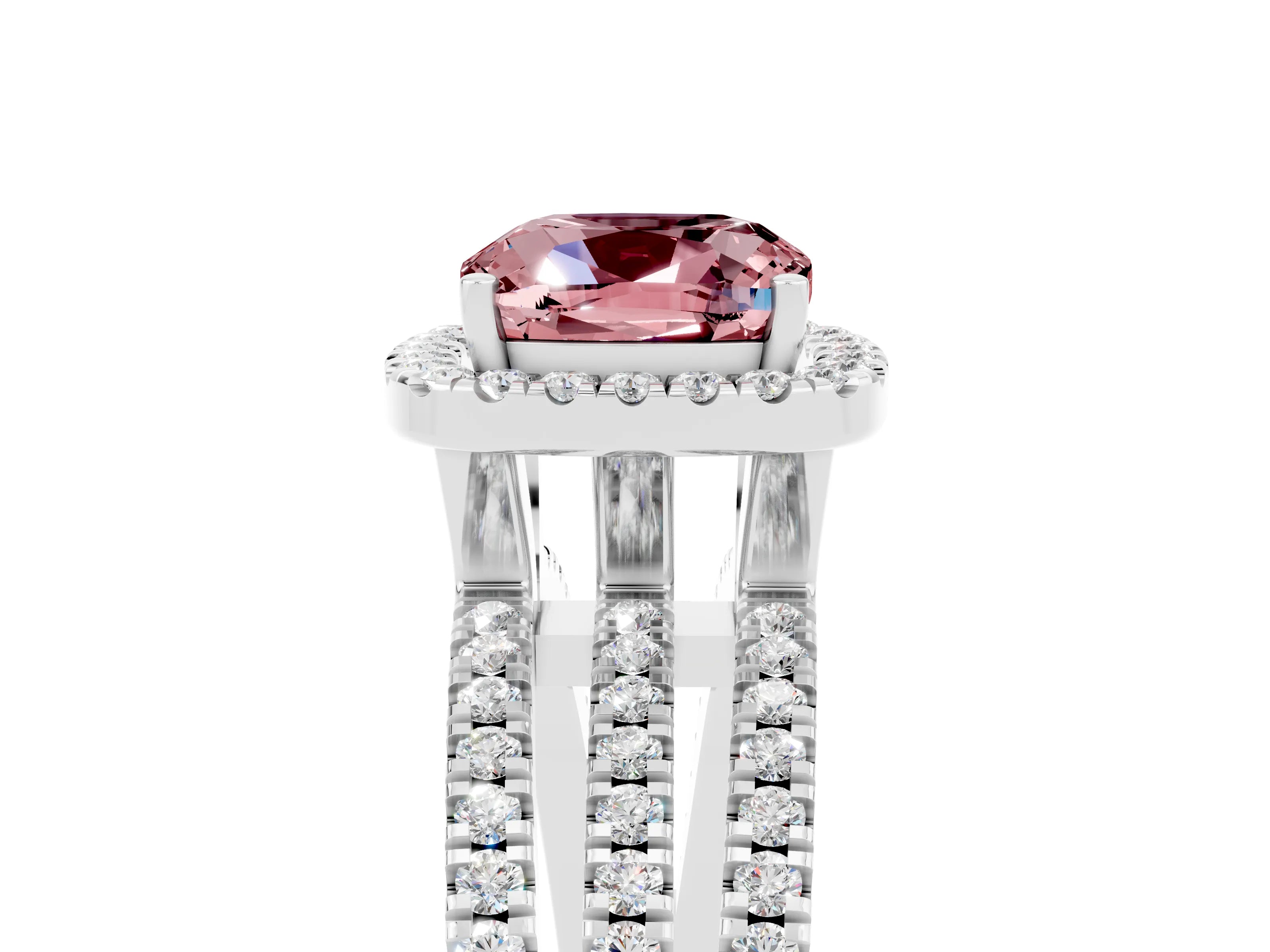 White gold {shape_name} Morganite Halo Engagement Ring with Split Shank and Four-Prong Setting_5