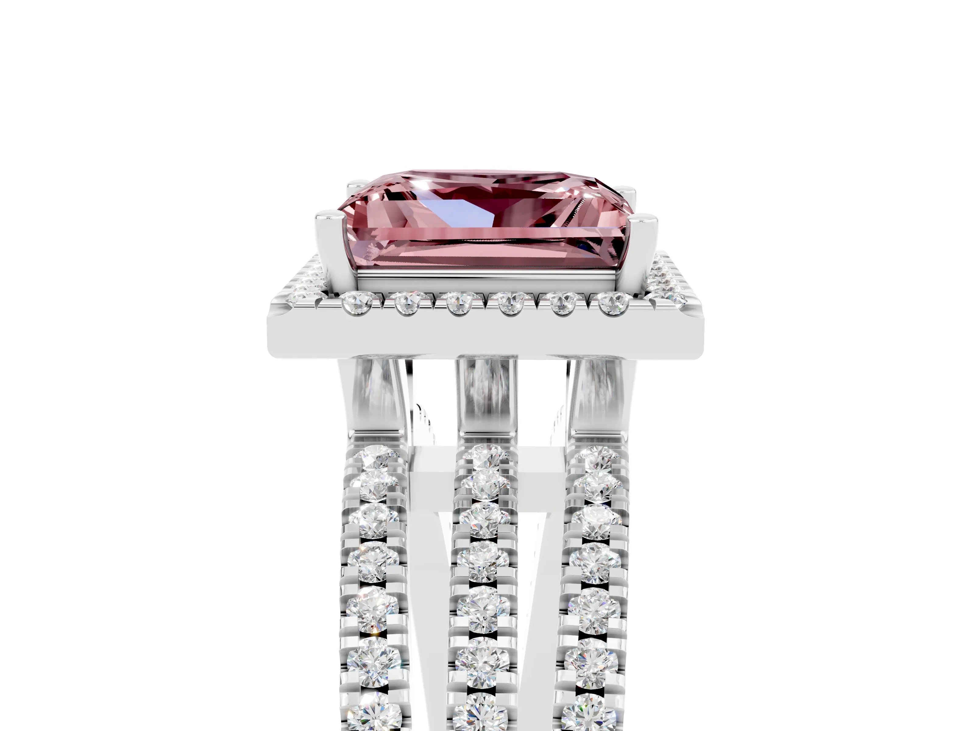 White gold {shape_name} Morganite Halo Engagement Ring with Split Shank and Four-Prong Setting_5