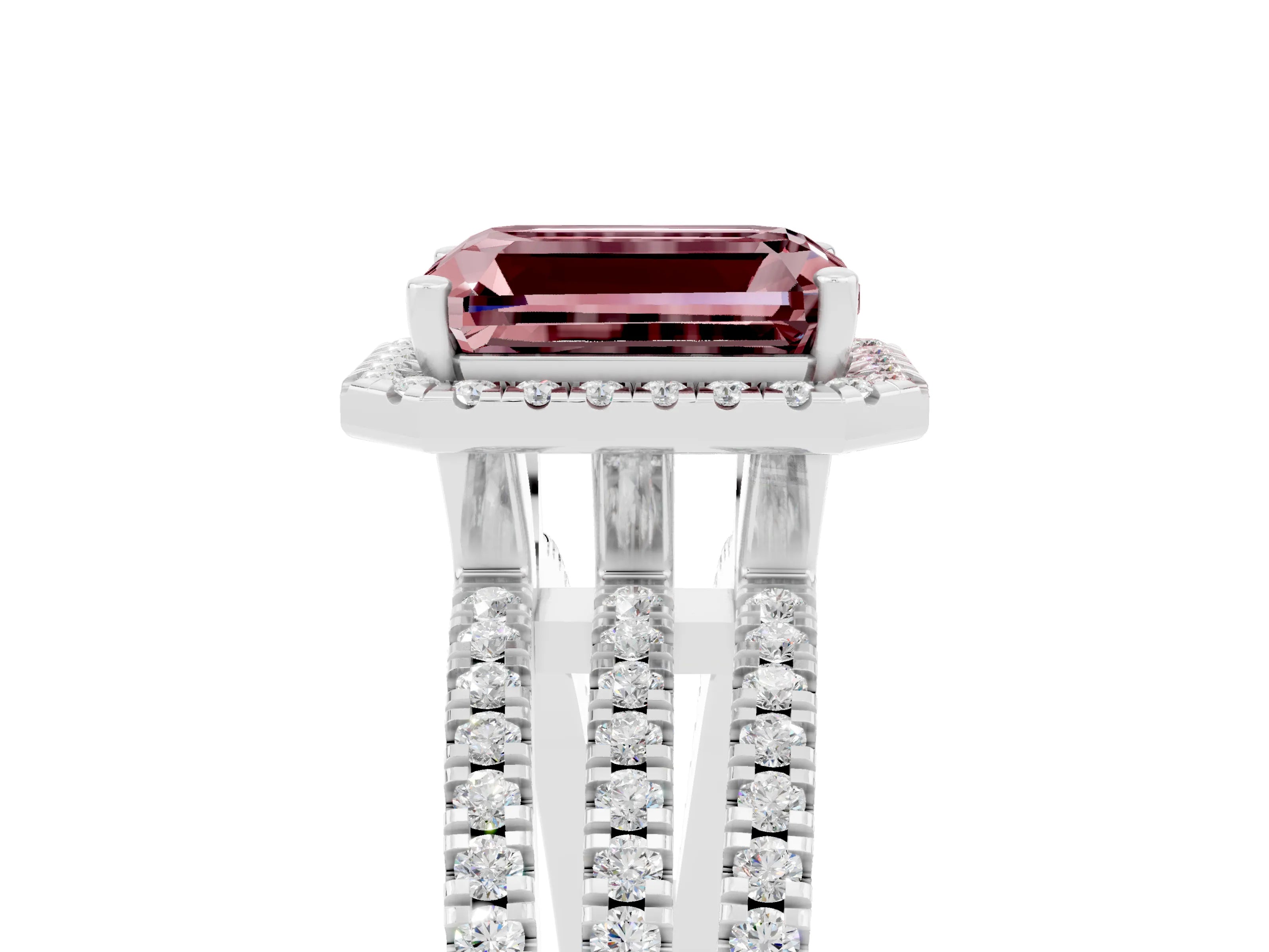 White gold {shape_name} Morganite Halo Engagement Ring with Split Shank and Four-Prong Setting_5
