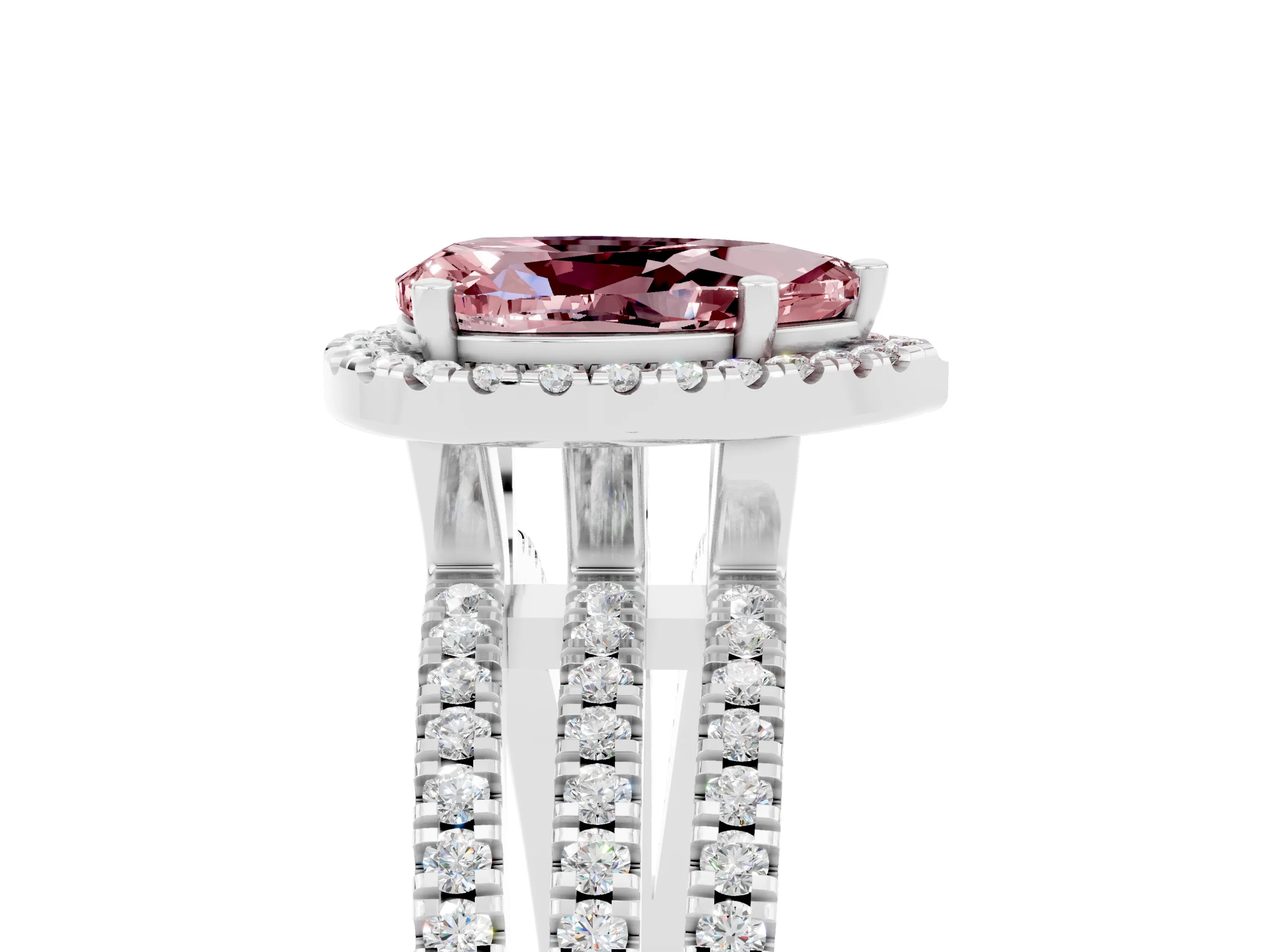 White gold {shape_name} Morganite Halo Engagement Ring with Split Shank and Four-Prong Setting_5