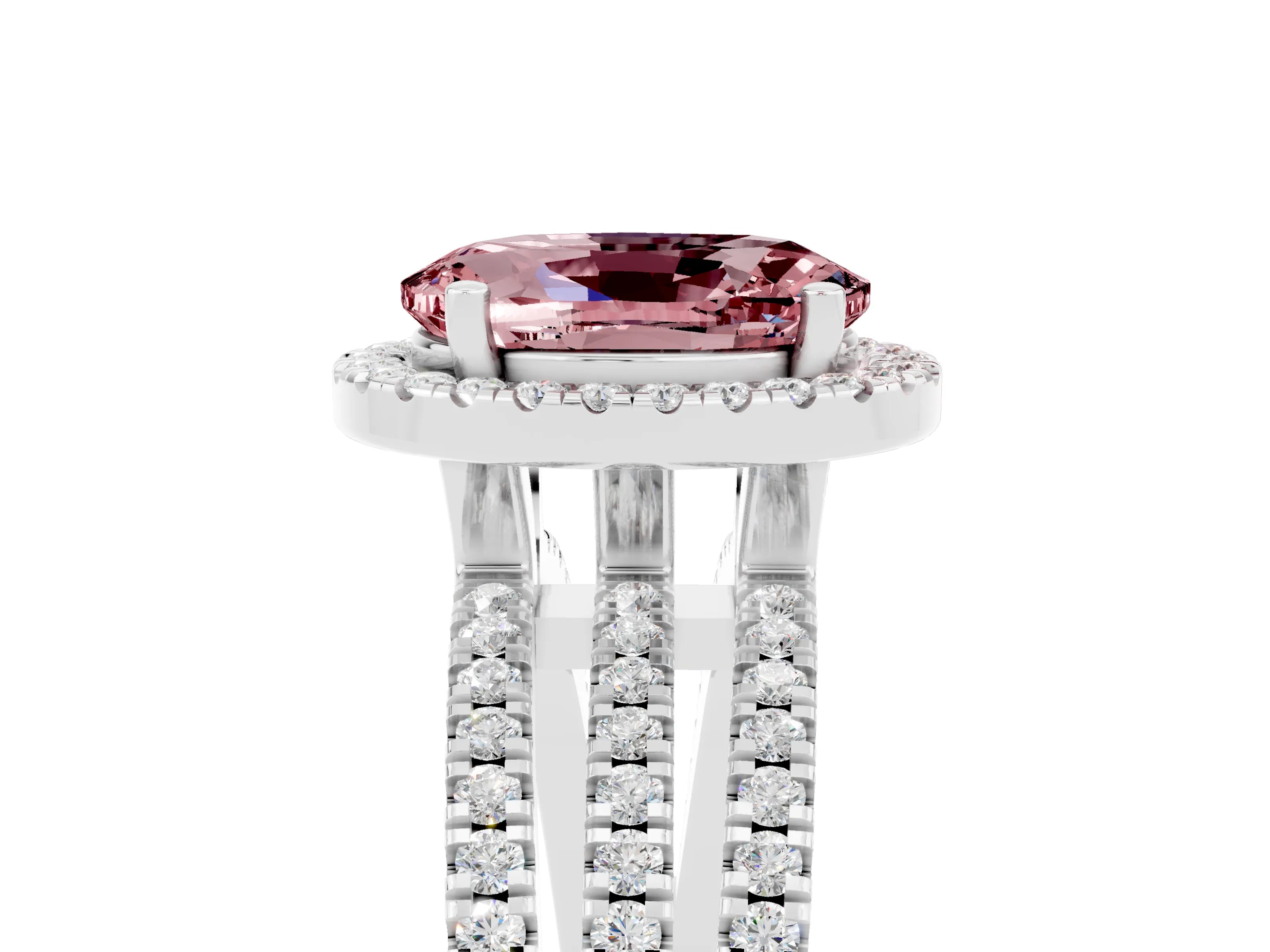 White gold {shape_name} Morganite Halo Engagement Ring with Split Shank and Four-Prong Setting_5