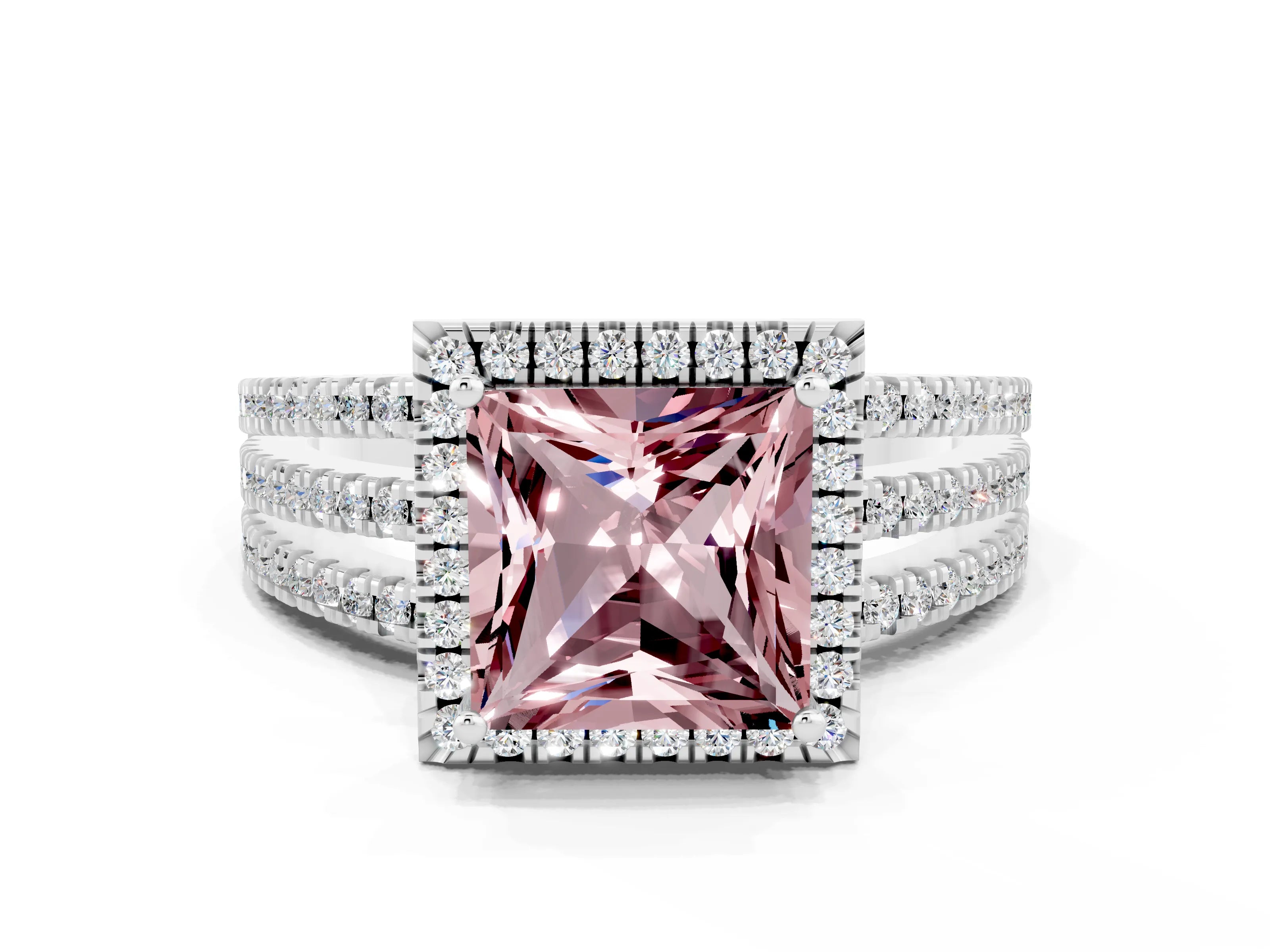 White gold {shape_name} Morganite Halo Engagement Ring with Split Shank and Four-Prong Setting