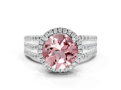 White gold {shape_name} Morganite Halo Engagement Ring with Split Shank and Four-Prong Setting