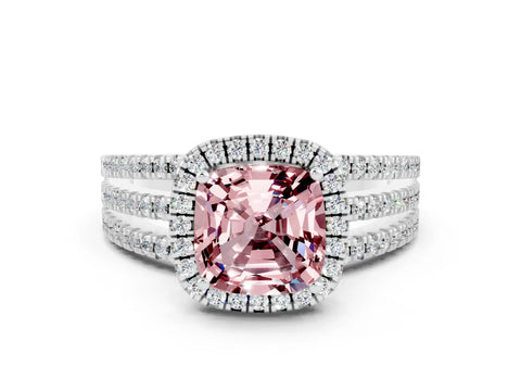 White gold {shape_name} Morganite Halo Engagement Ring with Split Shank and Four-Prong Setting