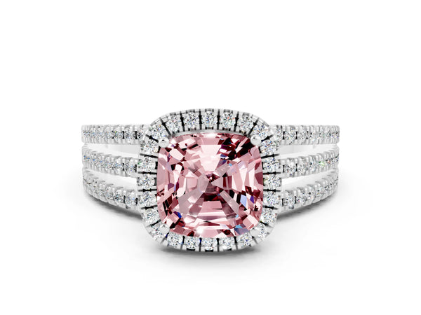 Platinum Cushion Cut Morganite Halo Engagement Ring with Split Shank and Four-Prong Setting