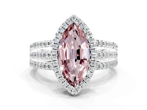 White gold {shape_name} Morganite Halo Engagement Ring with Split Shank and Four-Prong Setting