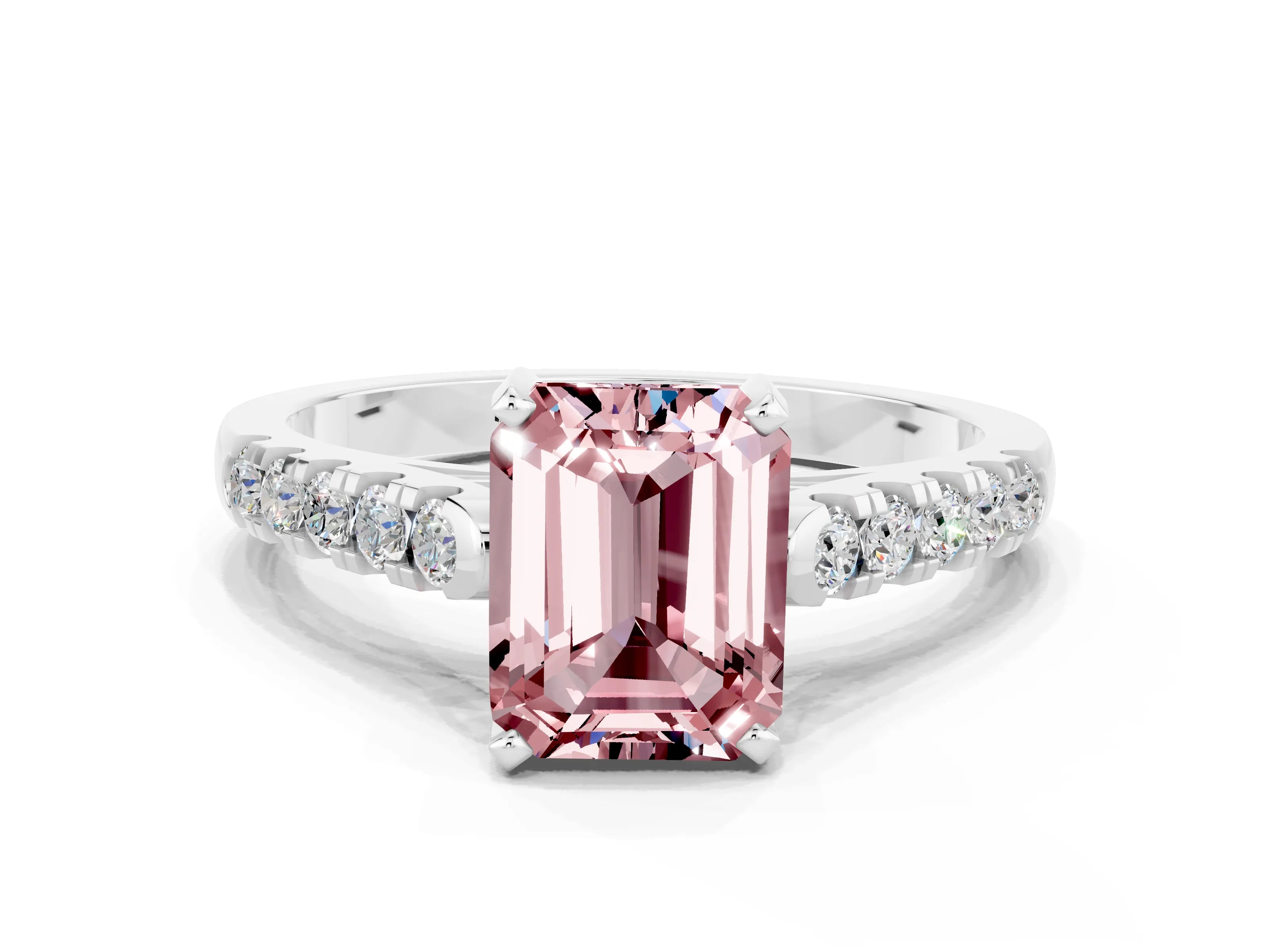 White gold {shape_name} Morganite Solitaire Ring with Pavé Band and Four-Prong Setting