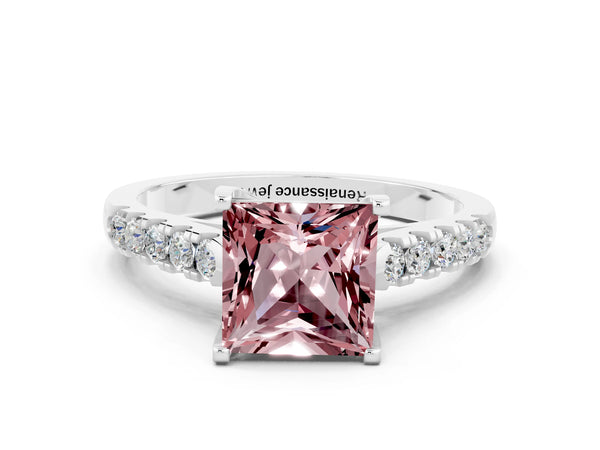 White gold Princess Cut Morganite Pavé Band Solitaire Ring with Prong Setting