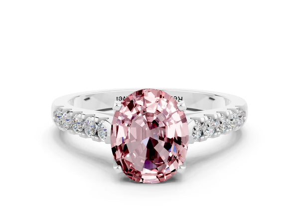White gold Oval Cut Morganite Pavé Band Solitaire Ring with Prong Setting