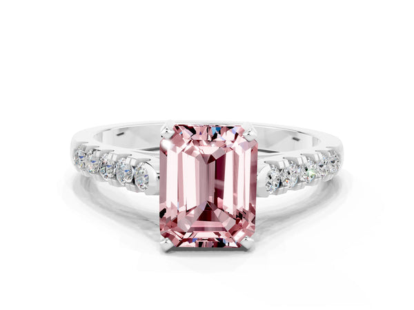 White gold Emerald Cut Morganite Pavé Band Solitaire Ring with Prong Setting
