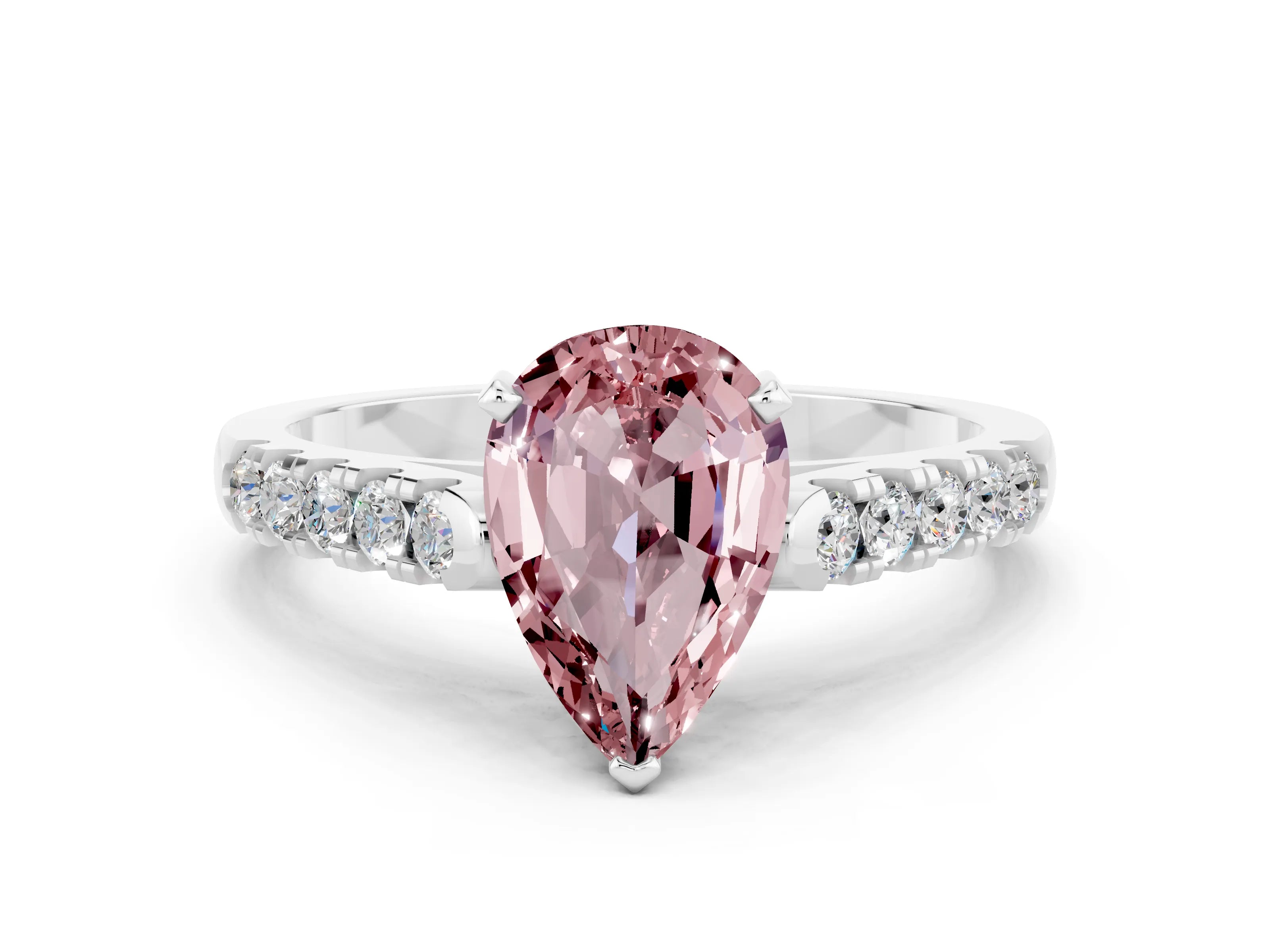 White gold {shape_name} Morganite Solitaire Ring with Pavé Band and Four-Prong Setting_12