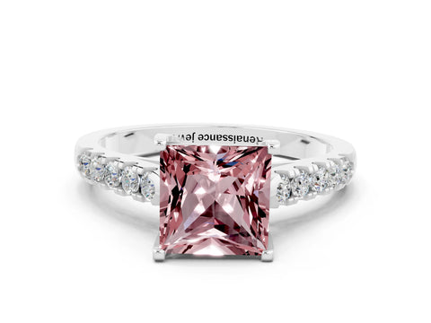 White gold {shape_name} Morganite Solitaire Ring with Pavé Band and Four-Prong Setting_12