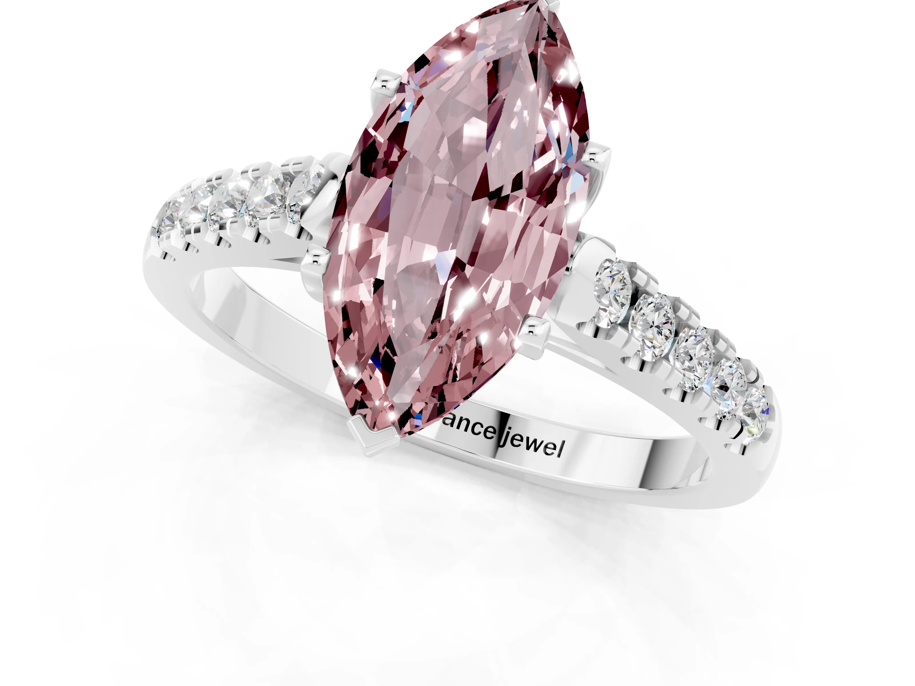 White gold {shape_name} Morganite Solitaire Ring with Pavé Band and Four-Prong Setting_13