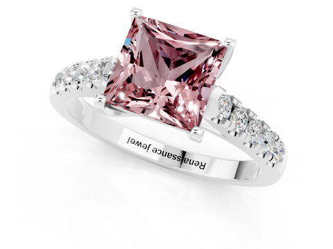 White gold {shape_name} Morganite Solitaire Ring with Pavé Band and Four-Prong Setting_13