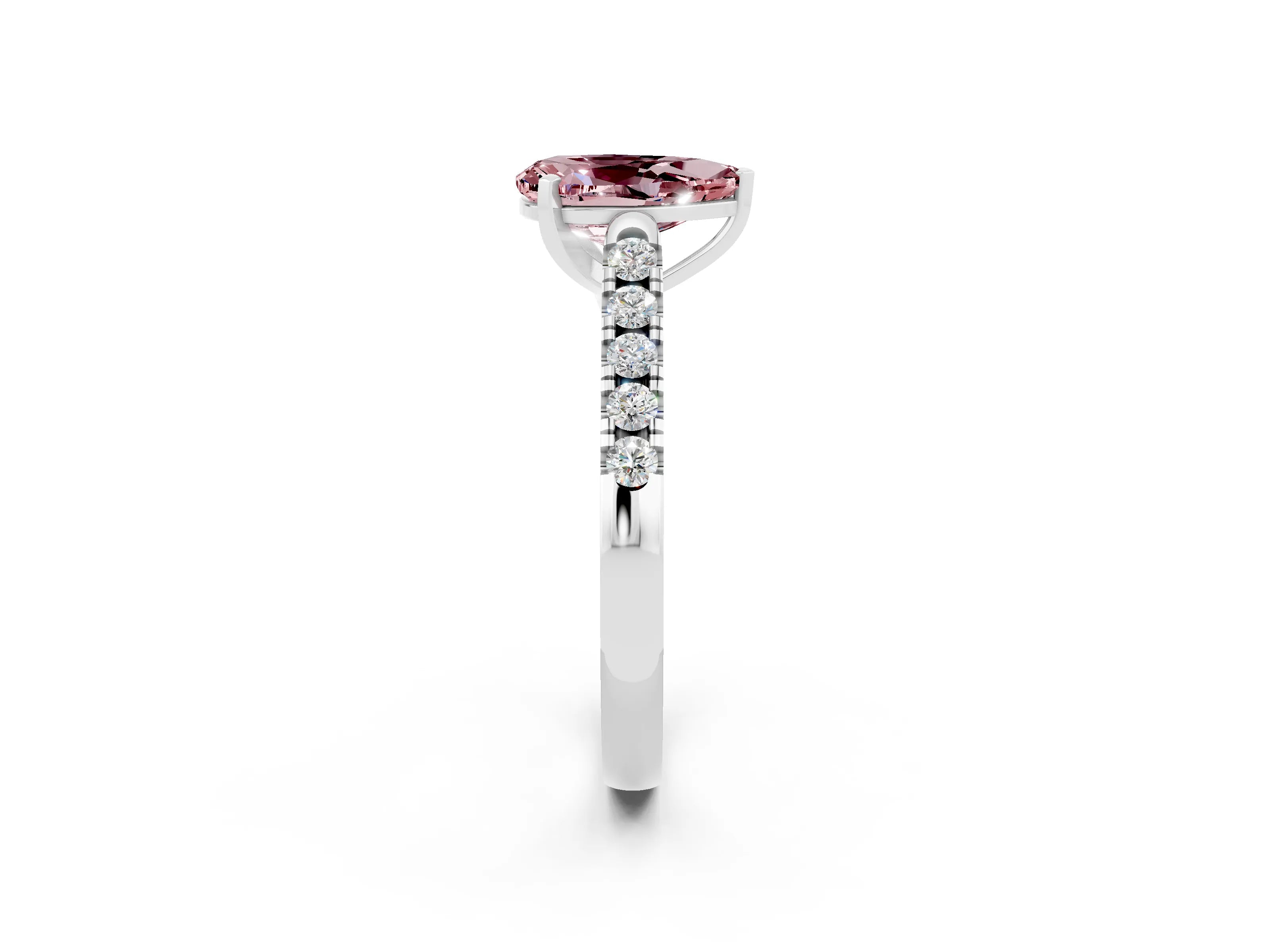 White gold {shape_name} Morganite Solitaire Ring with Pavé Band and Four-Prong Setting_14
