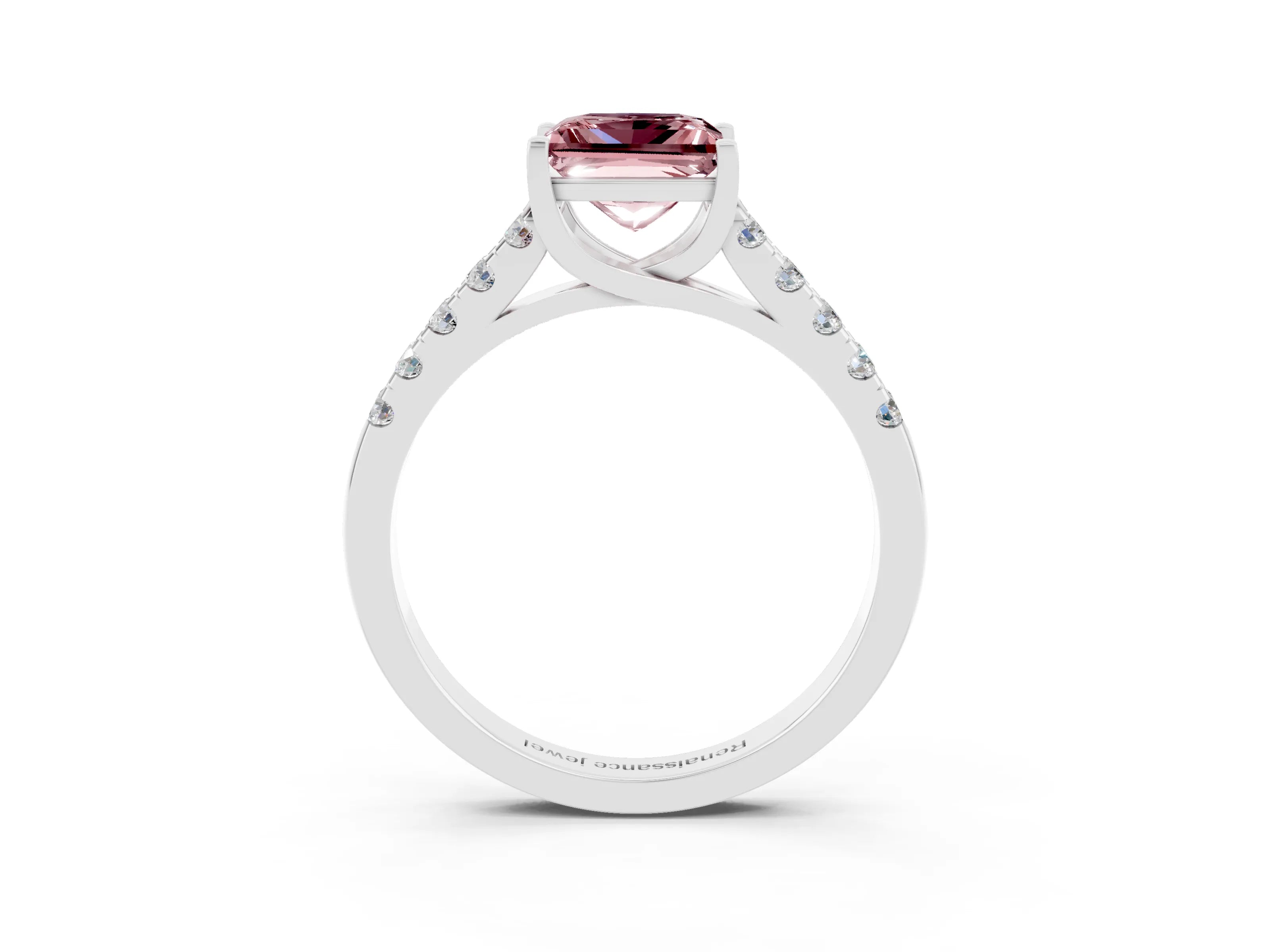 White gold {shape_name} Morganite Solitaire Ring with Pavé Band and Four-Prong Setting_15