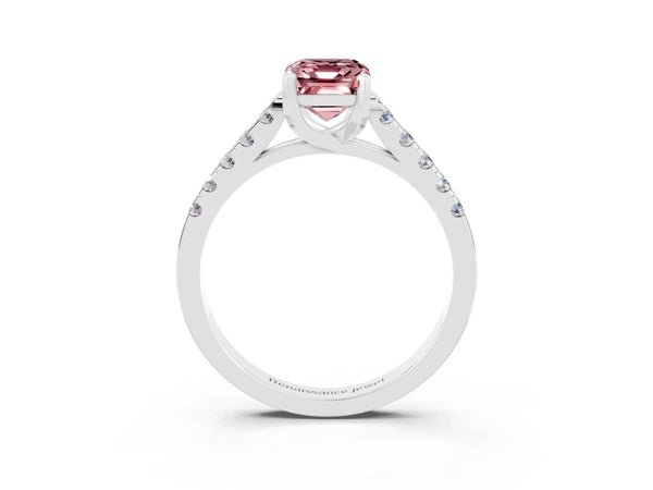 White gold Emerald Cut Morganite Pavé Band Solitaire Ring with Prong Setting
