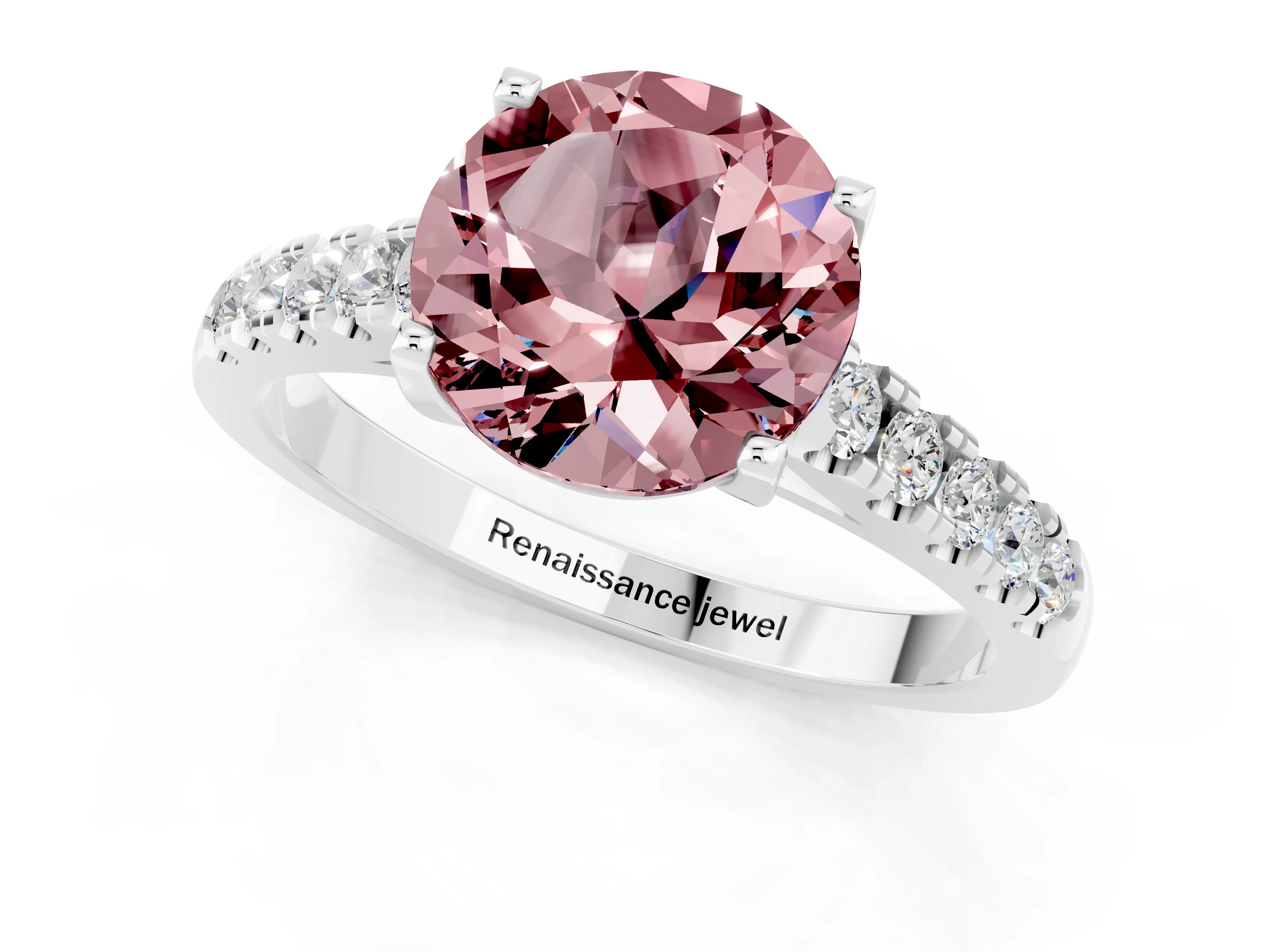 White gold {shape_name} Morganite Solitaire Ring with Pavé Band and Four-Prong Setting_1
