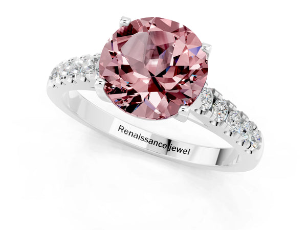 Silver Round Cut Morganite Pavé Band Solitaire Ring with Prong Setting