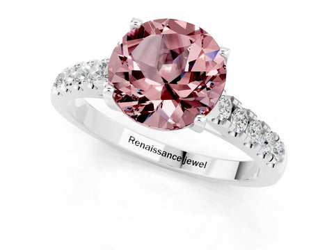 White gold {shape_name} Morganite Solitaire Ring with Pavé Band and Four-Prong Setting_1