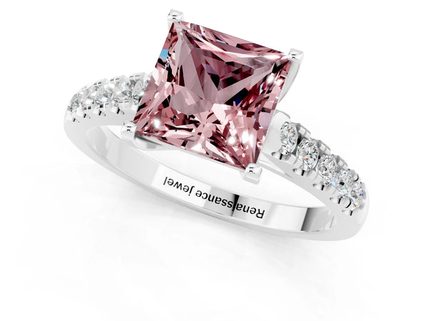 Silver Princess Cut Morganite Pavé Band Solitaire Ring with Prong Setting