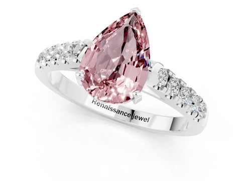 White gold {shape_name} Morganite Solitaire Ring with Pavé Band and Four-Prong Setting_1