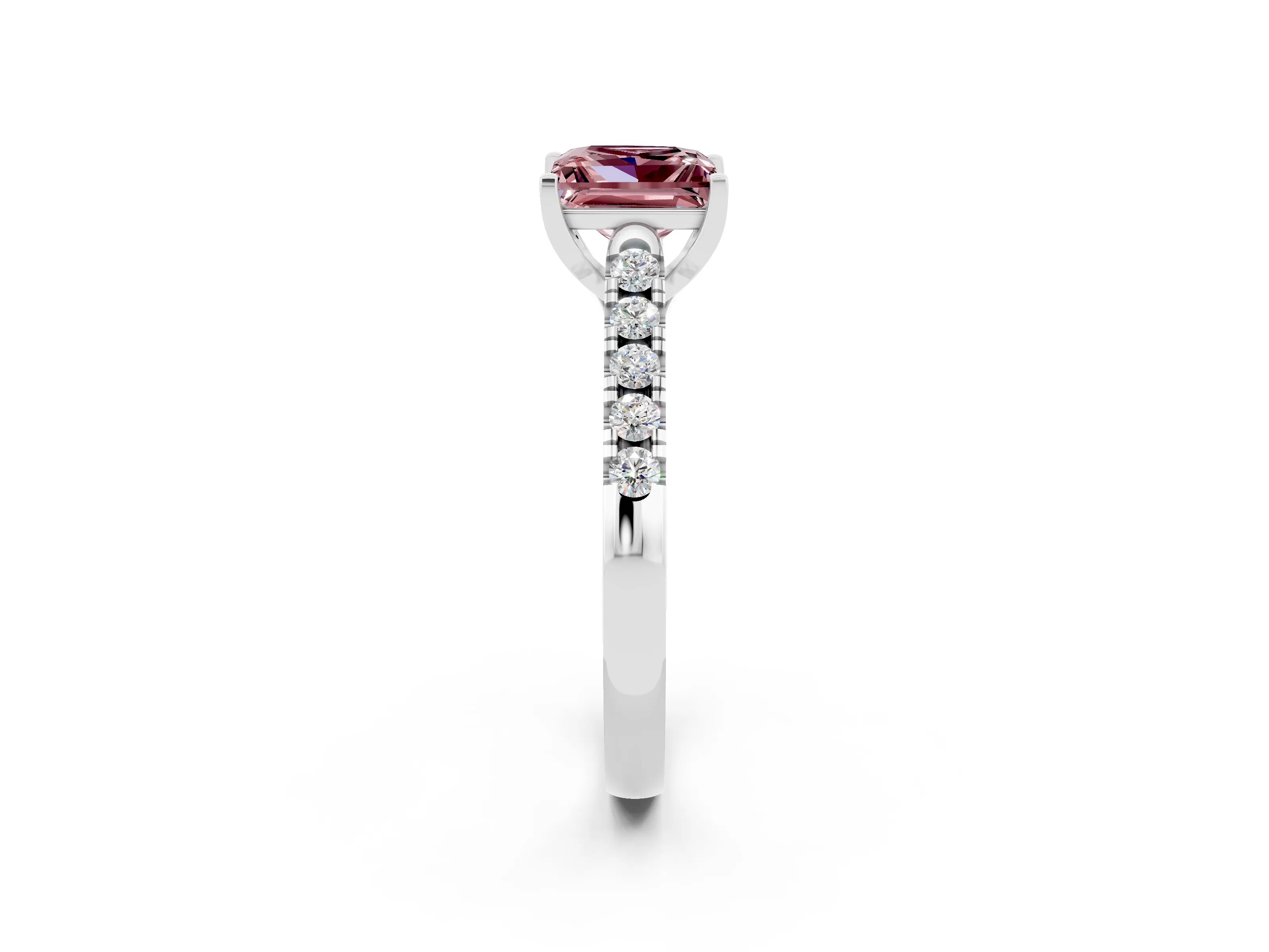 White gold {shape_name} Morganite Solitaire Ring with Pavé Band and Four-Prong Setting_2