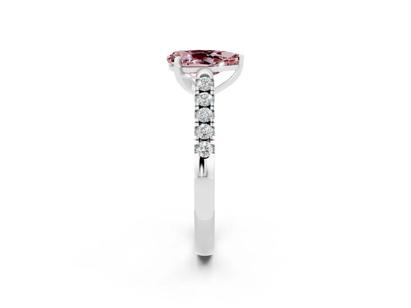 Platinum Pear Cut Morganite Pavé Band Solitaire Ring with Prong Setting