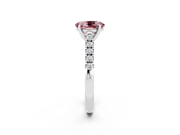 Silver Oval Cut Morganite Pavé Band Solitaire Ring with Prong Setting