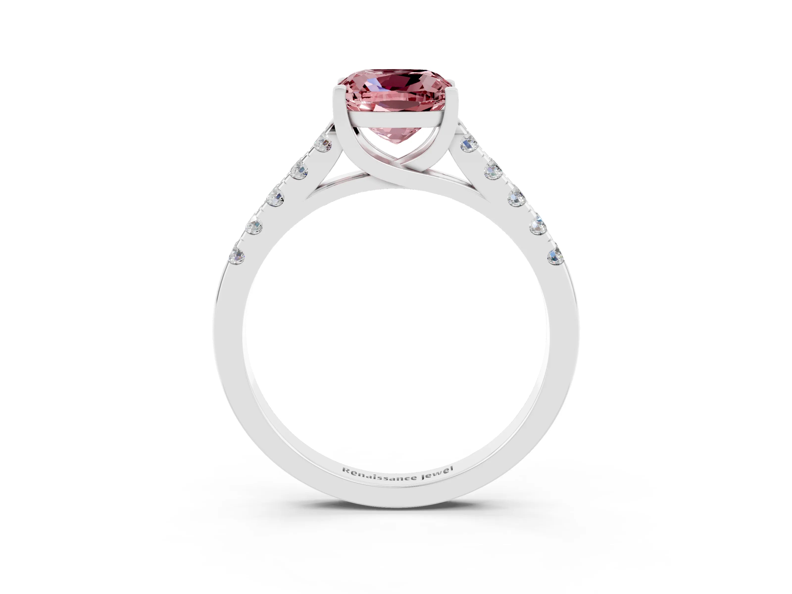 White gold {shape_name} Morganite Solitaire Ring with Pavé Band and Four-Prong Setting_3