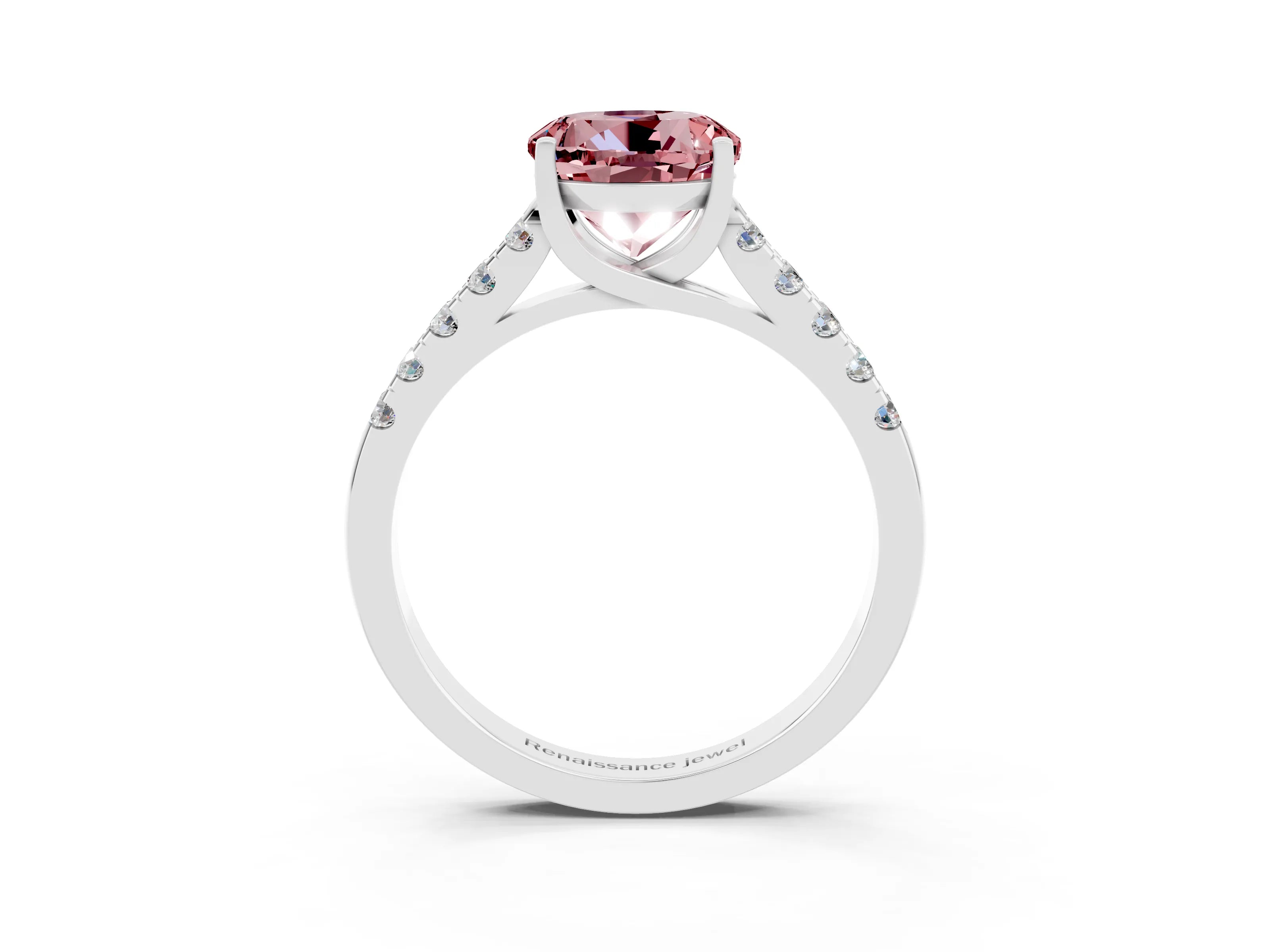 White gold {shape_name} Morganite Solitaire Ring with Pavé Band and Four-Prong Setting_3