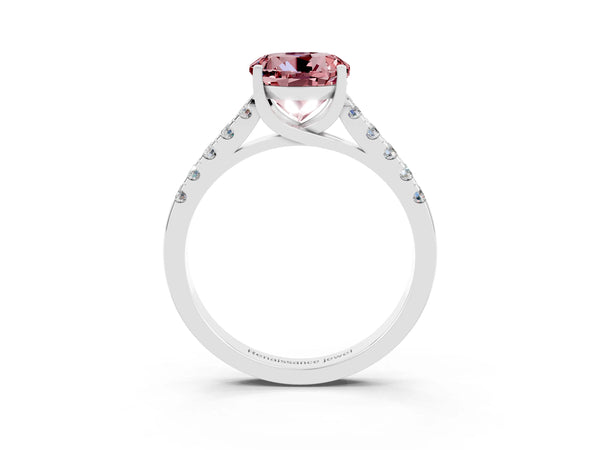 Silver Round Cut Morganite Pavé Band Solitaire Ring with Prong Setting