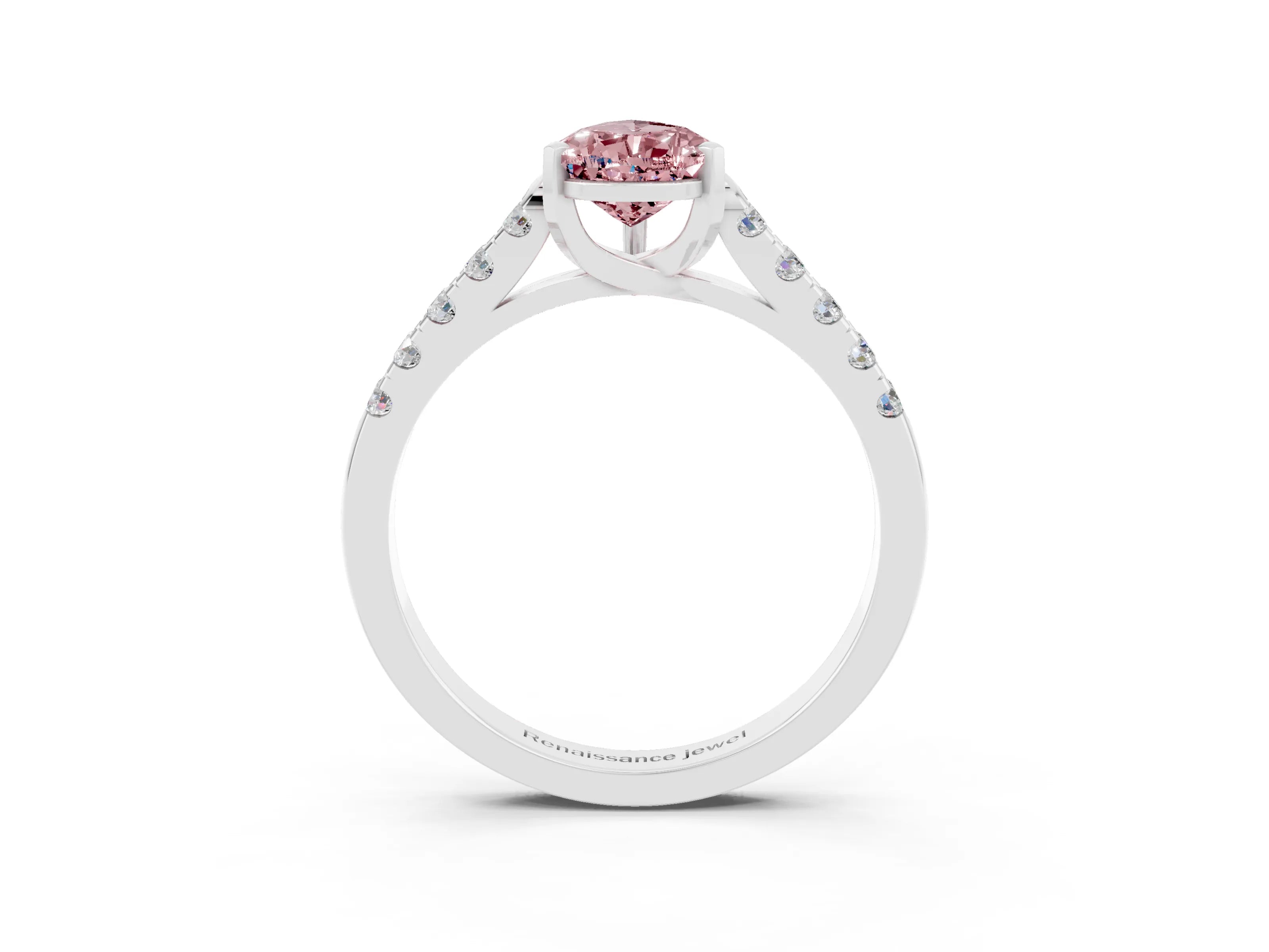 White gold {shape_name} Morganite Solitaire Ring with Pavé Band and Four-Prong Setting_3