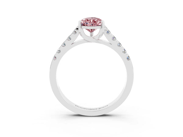 Platinum Pear Cut Morganite Pavé Band Solitaire Ring with Prong Setting
