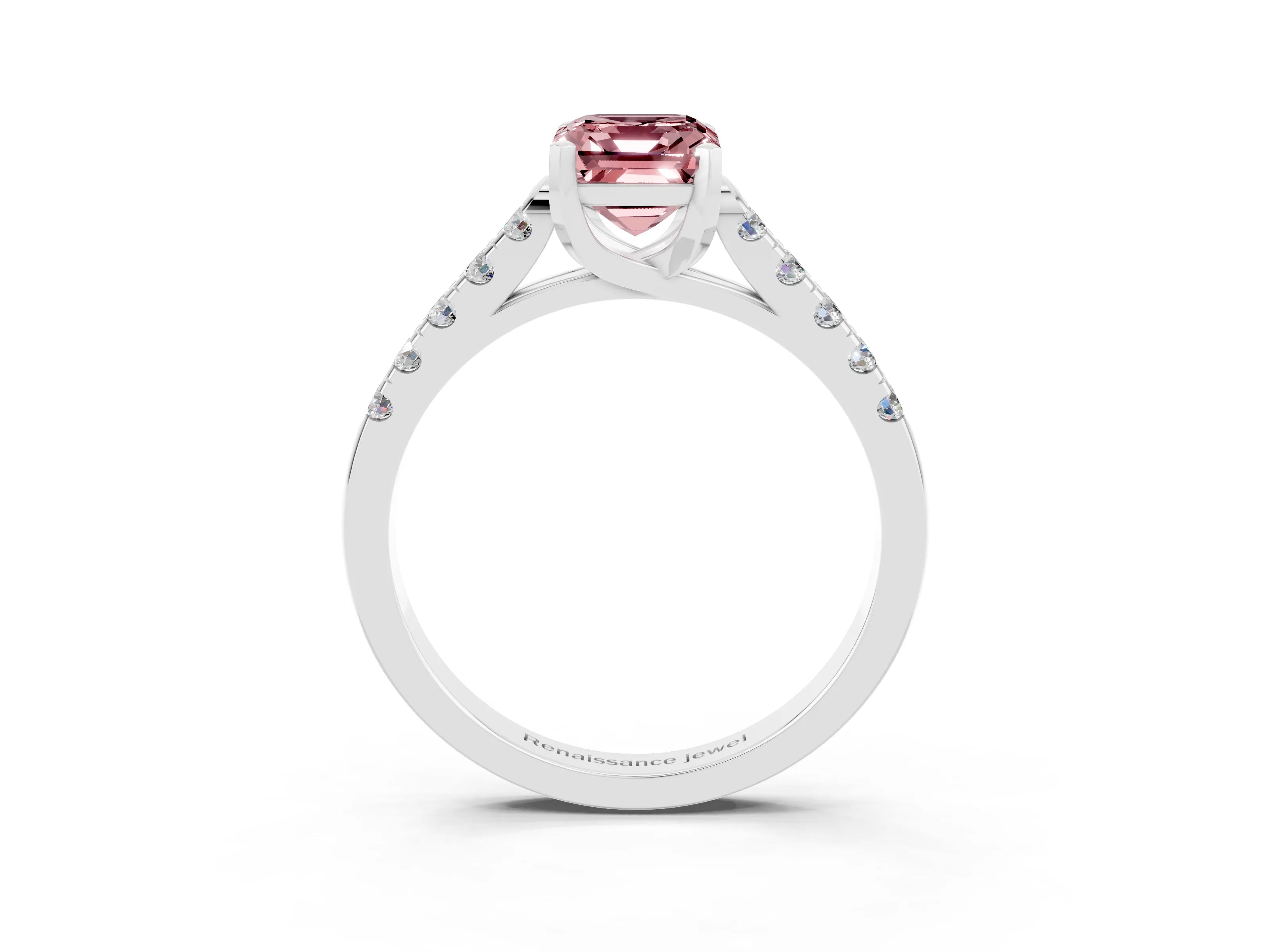 White gold {shape_name} Morganite Solitaire Ring with Pavé Band and Four-Prong Setting_3