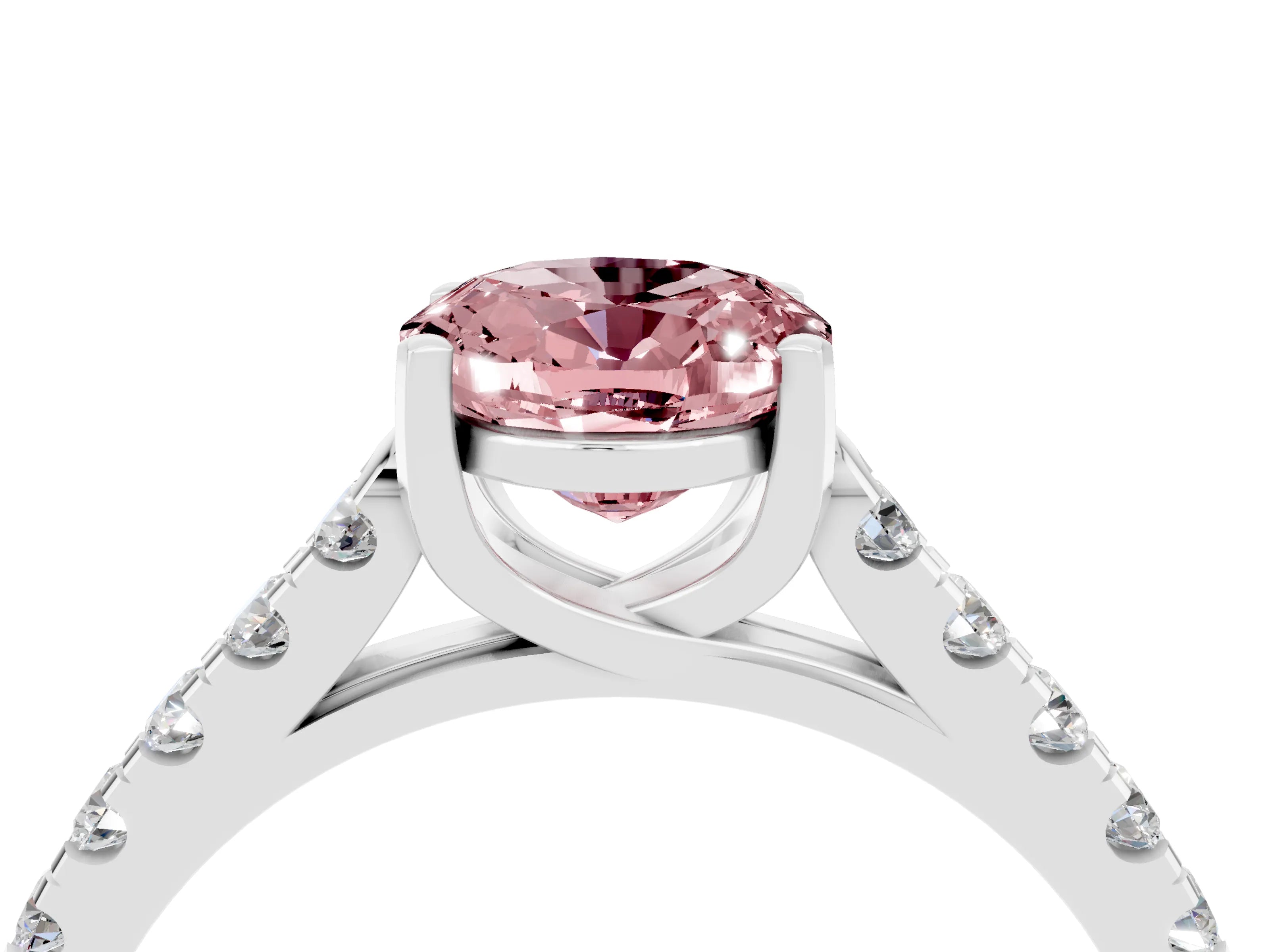 White gold {shape_name} Morganite Solitaire Ring with Pavé Band and Four-Prong Setting_4