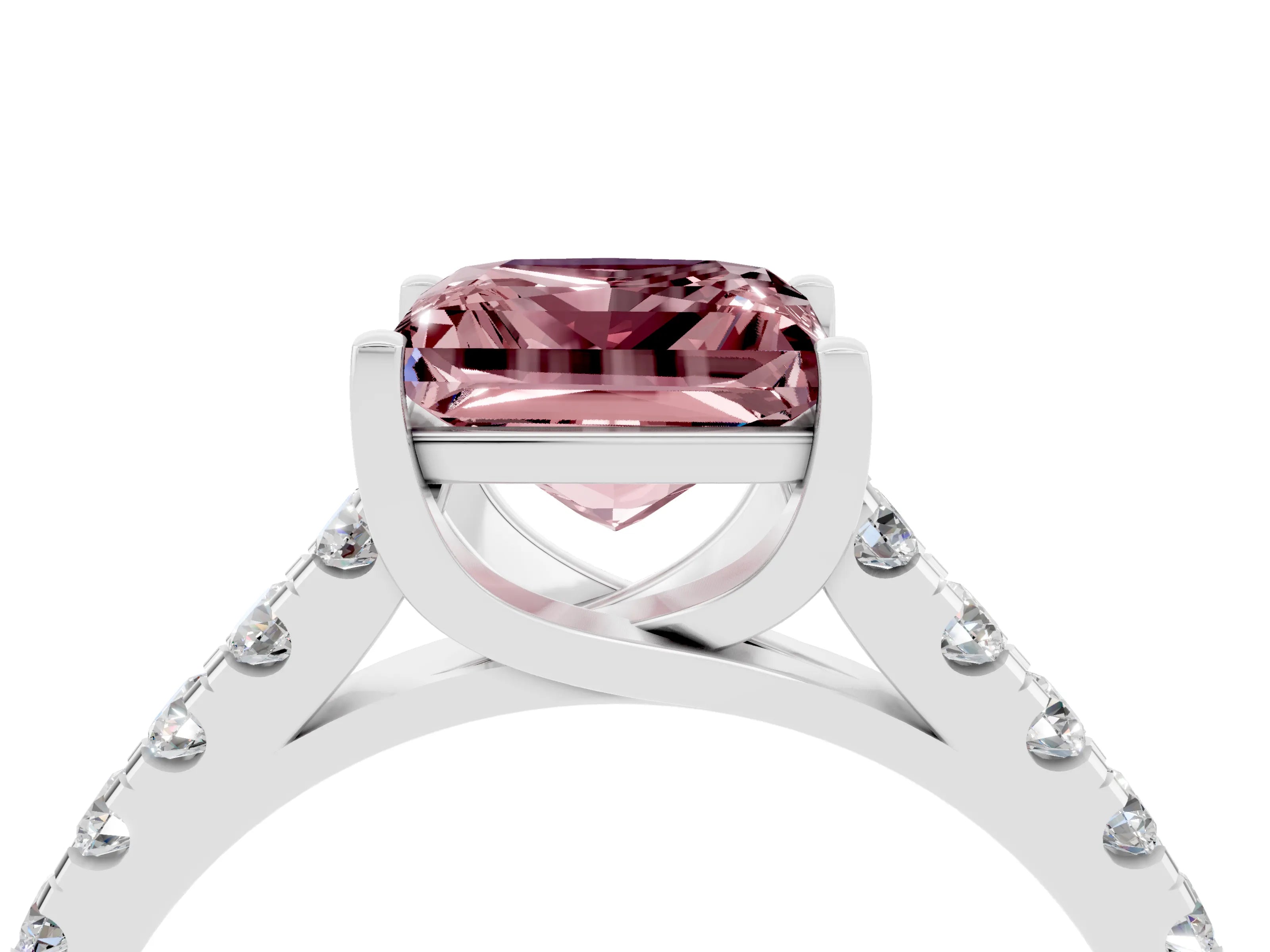 White gold {shape_name} Morganite Solitaire Ring with Pavé Band and Four-Prong Setting_4