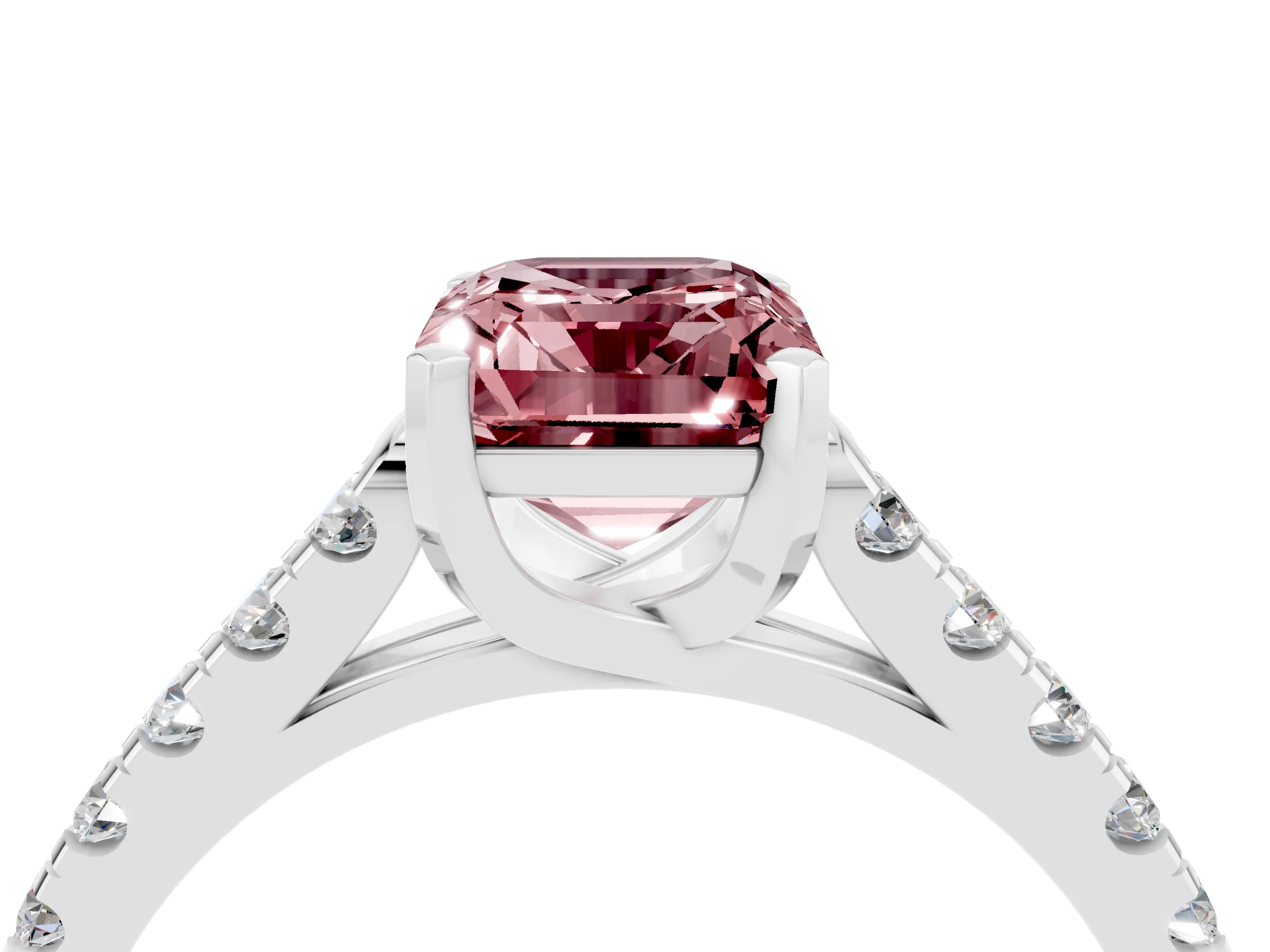 White gold {shape_name} Morganite Solitaire Ring with Pavé Band and Four-Prong Setting_4