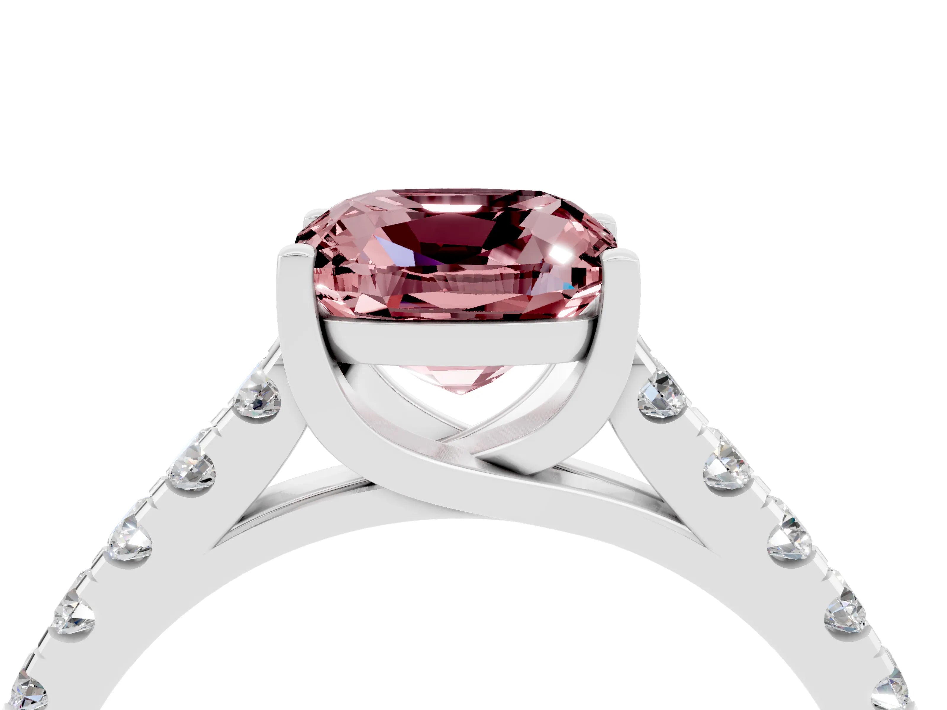 White gold {shape_name} Morganite Solitaire Ring with Pavé Band and Four-Prong Setting_4
