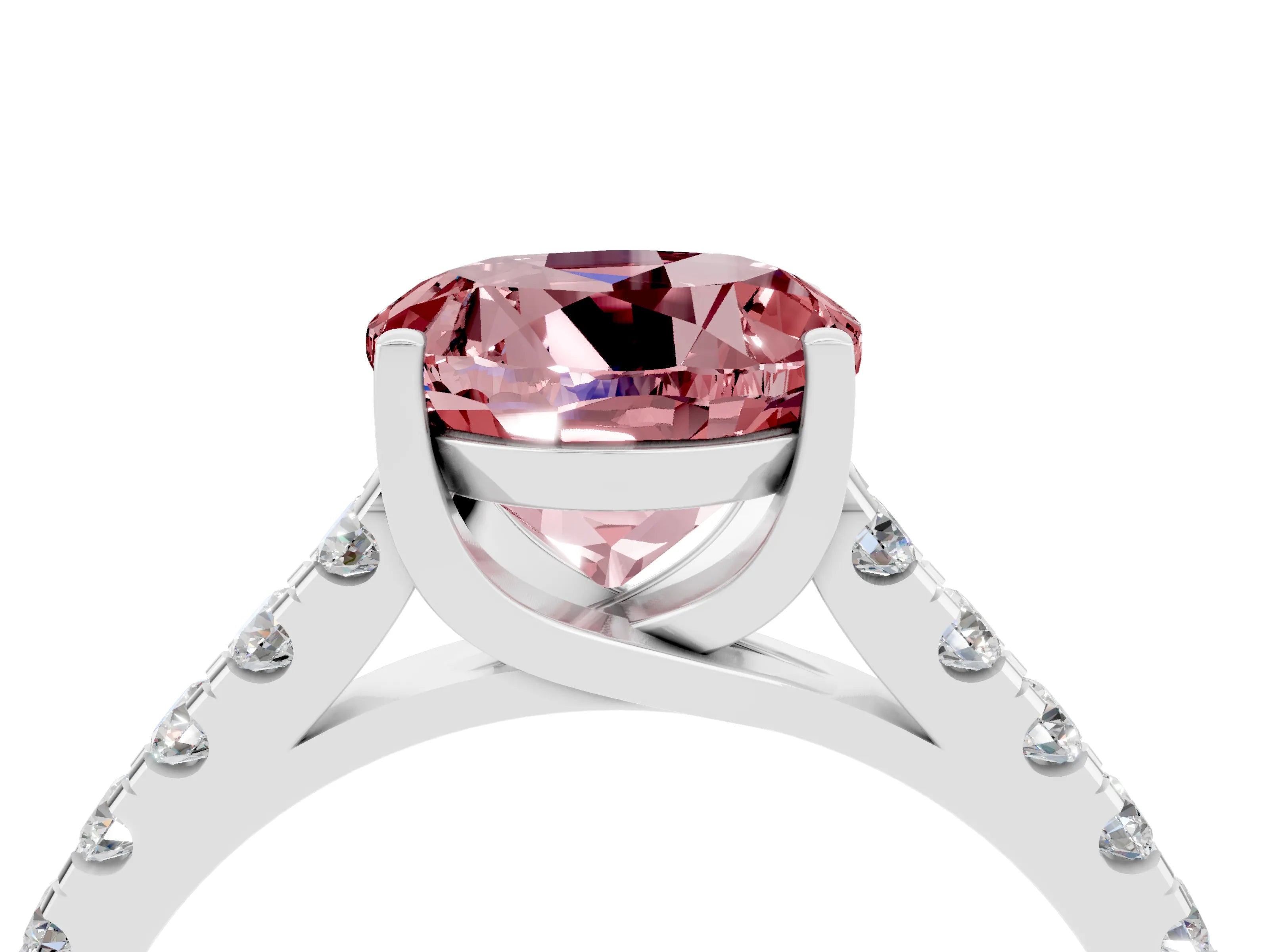 White gold {shape_name} Morganite Solitaire Ring with Pavé Band and Four-Prong Setting_4