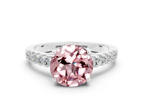 White gold {shape_name} Morganite Solitaire Ring with Pavé Band and Four-Prong Setting