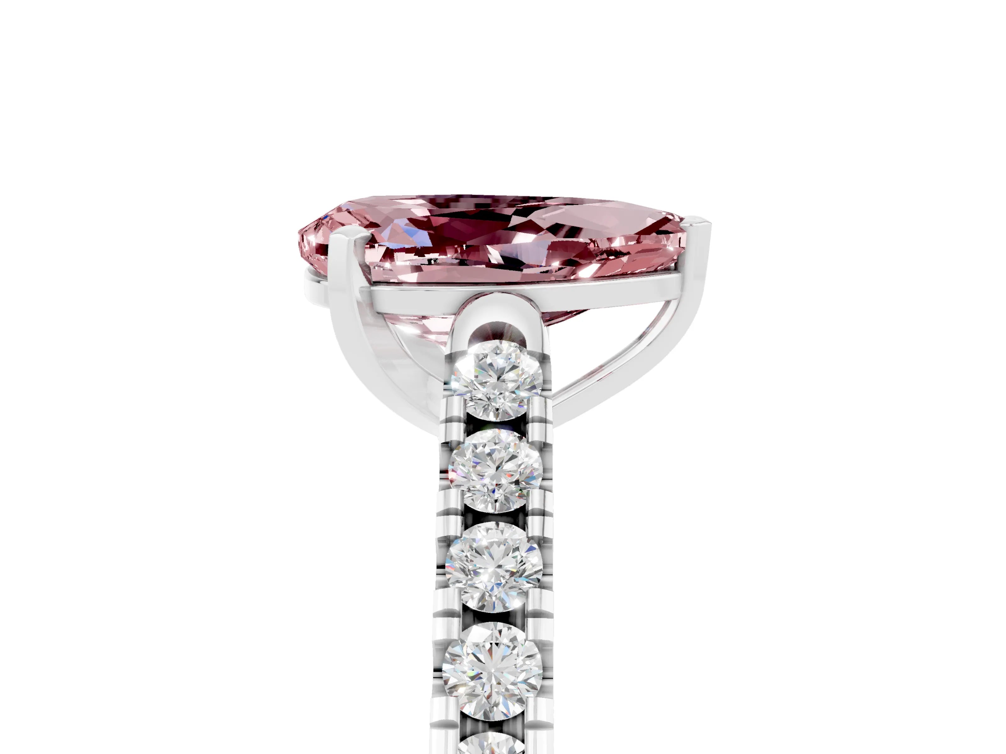White gold {shape_name} Morganite Solitaire Ring with Pavé Band and Four-Prong Setting_5