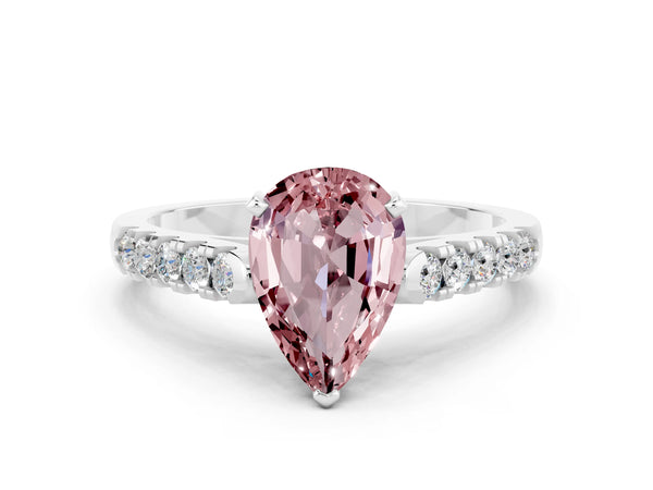 Platinum Pear Cut Morganite Pavé Band Solitaire Ring with Prong Setting