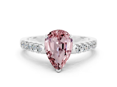 White gold {shape_name} Morganite Solitaire Ring with Pavé Band and Four-Prong Setting