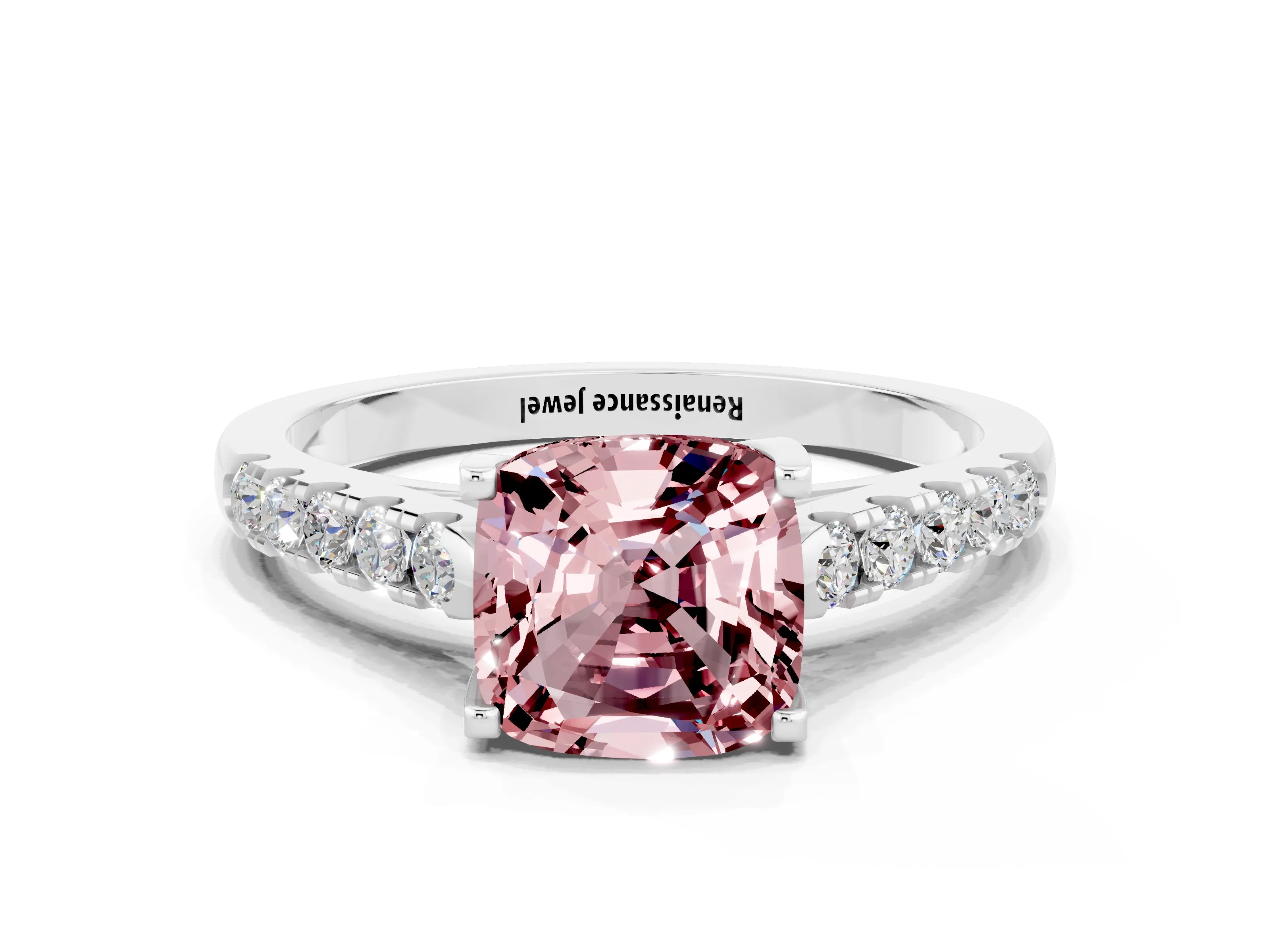White gold {shape_name} Morganite Solitaire Ring with Pavé Band and Four-Prong Setting