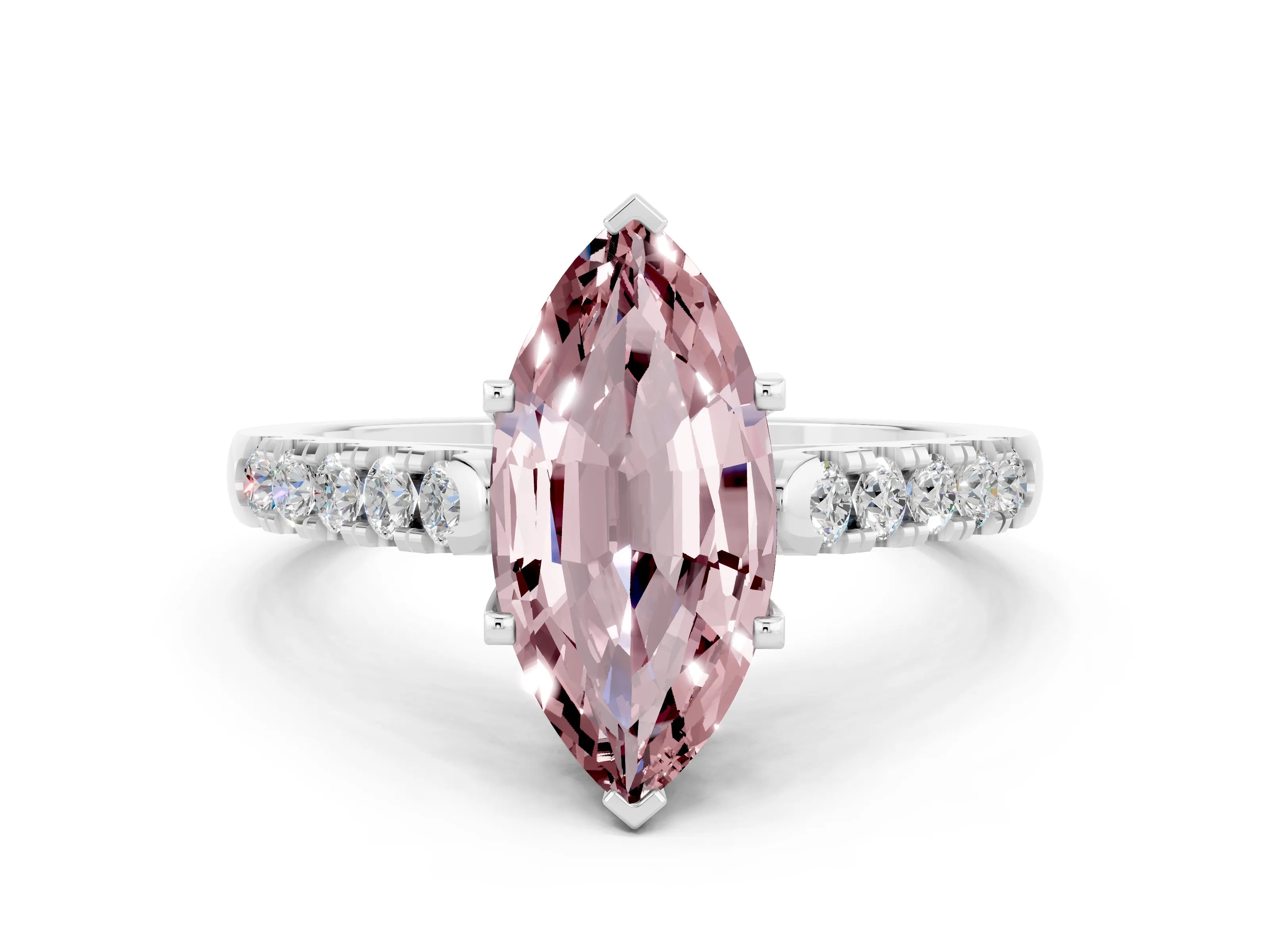 White gold {shape_name} Morganite Solitaire Ring with Pavé Band and Four-Prong Setting