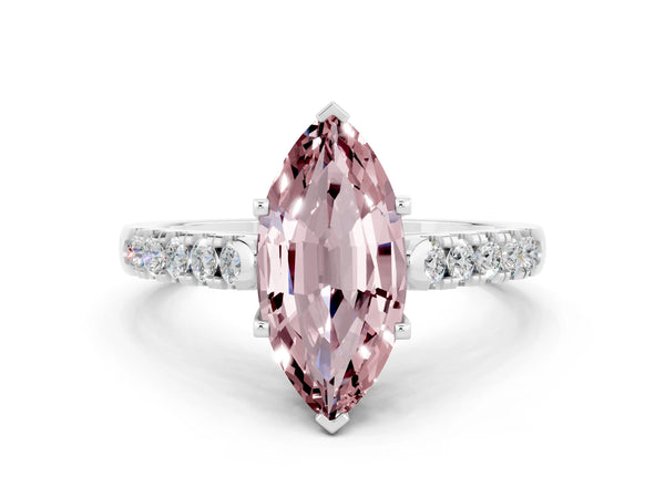 Platinum Marquise Cut Morganite Pavé Band Solitaire Ring with Prong Setting