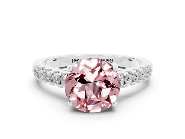 Silver Round Cut Morganite Pavé Band Solitaire Ring with Prong Setting