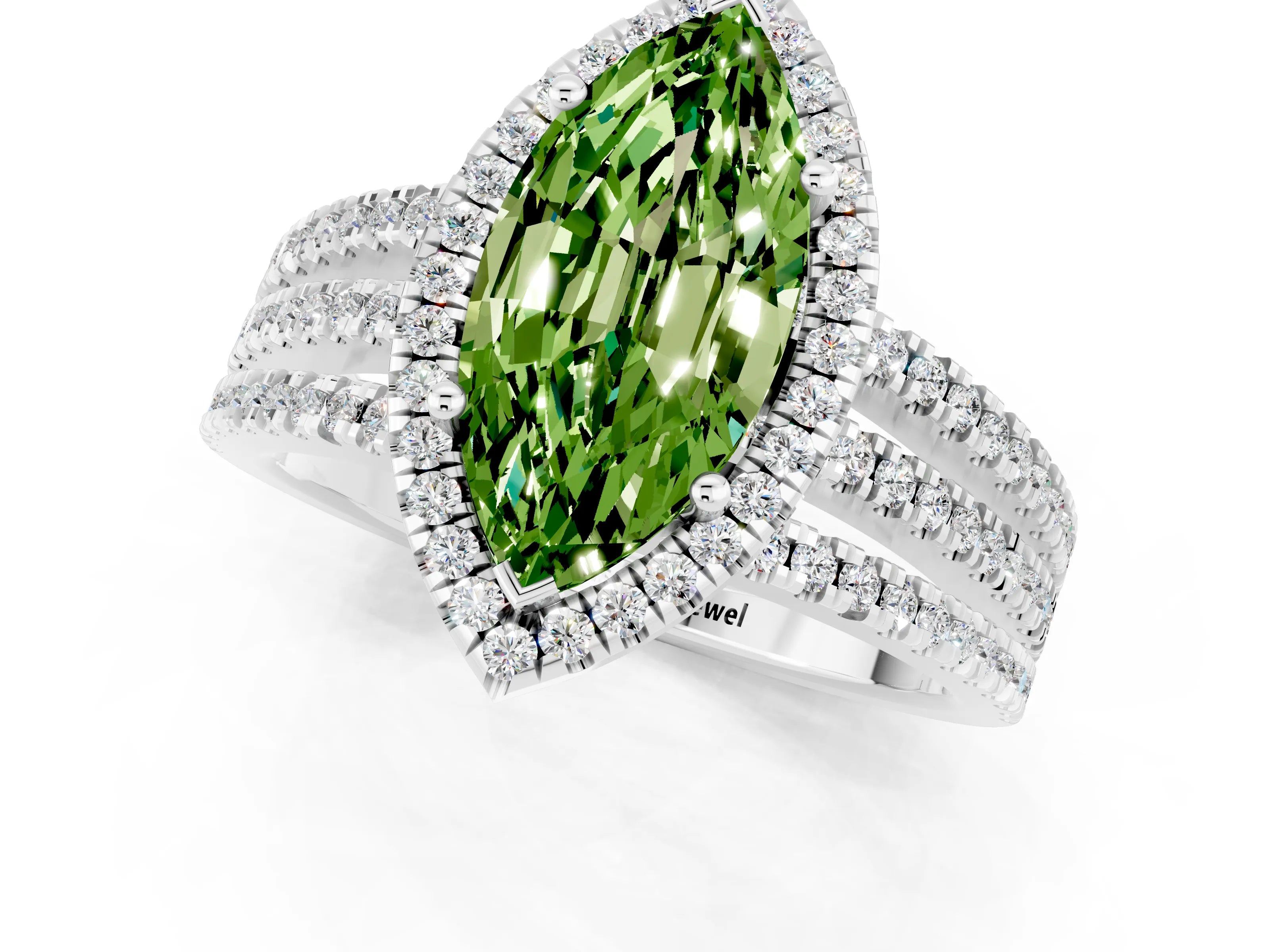 White gold {shape_name} Peridot Halo Engagement Ring with Split Shank and Four-Prong Setting_1