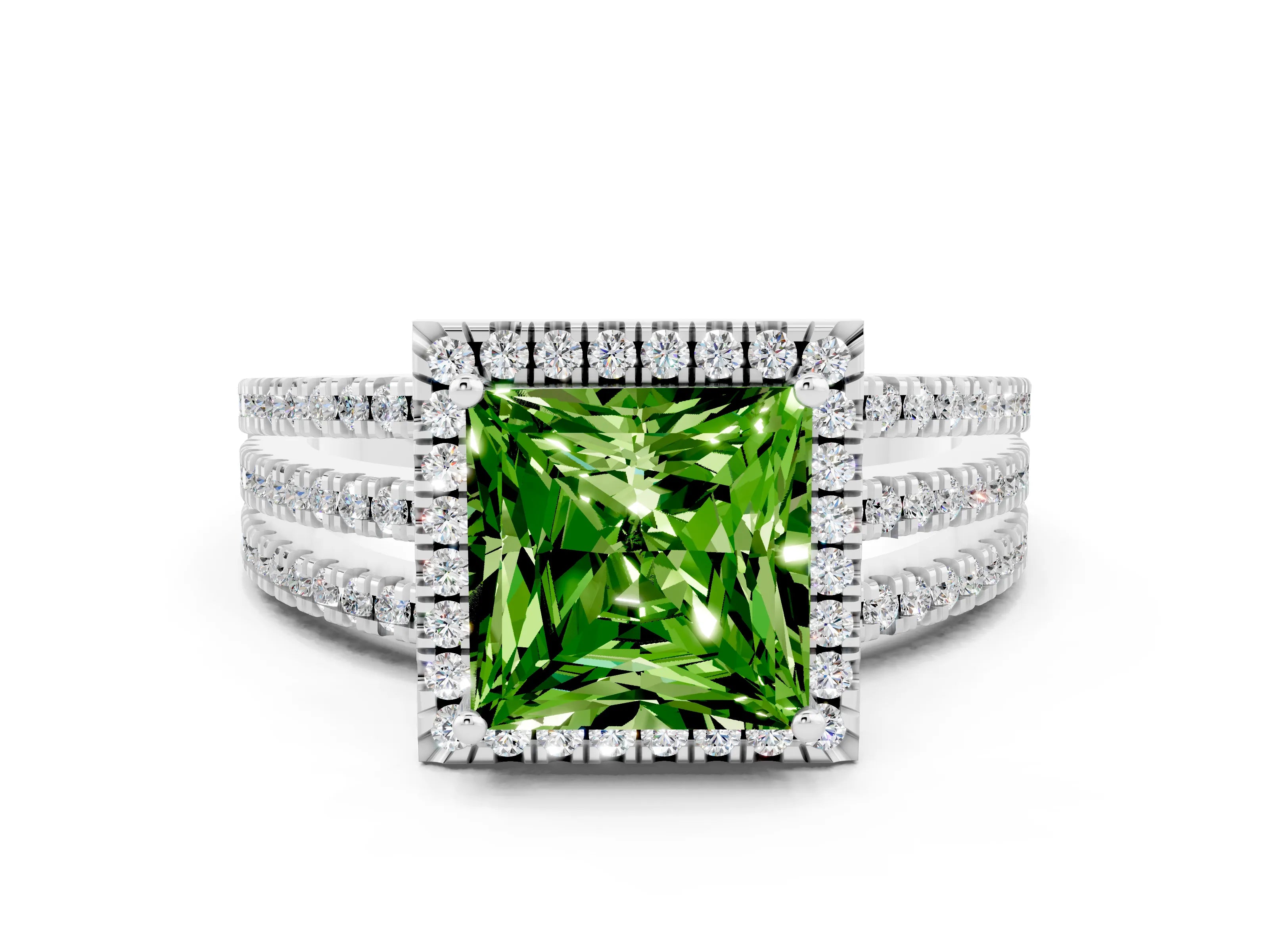 White gold {shape_name} Peridot Halo Engagement Ring with Split Shank and Four-Prong Setting_12